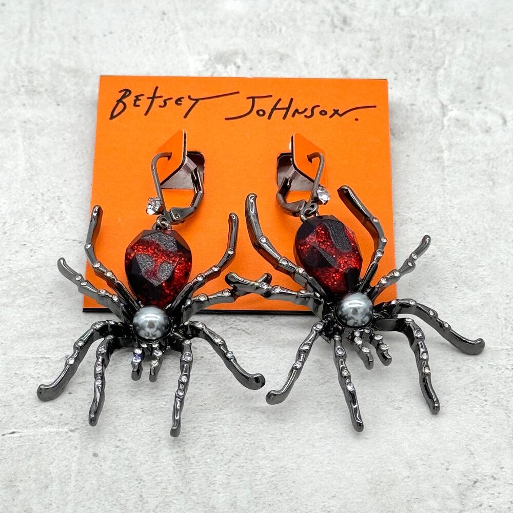 Betsey Johnson Red & Black Spider Drop Earrings Halloween NEW